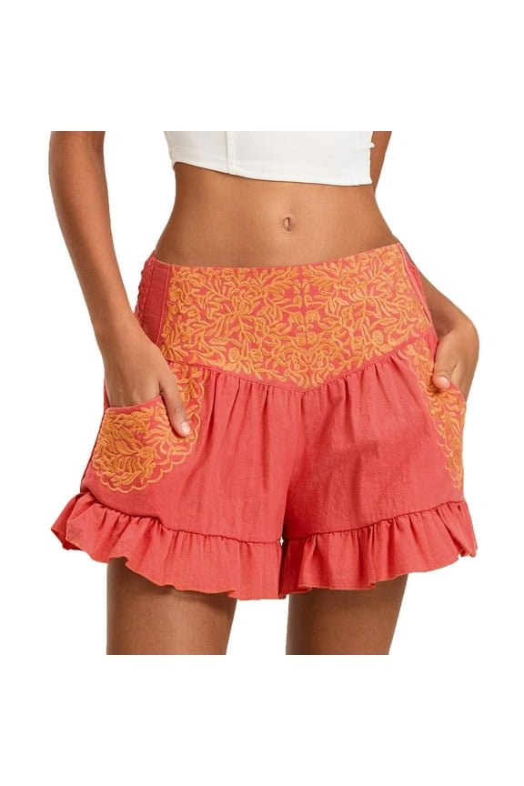 Shorts for Women, Women Tiered Ruffle Shorts Smocked Elastic Waist Floral Embroidered Wide Leg Shorts Flowy A Line Flutter Shorts