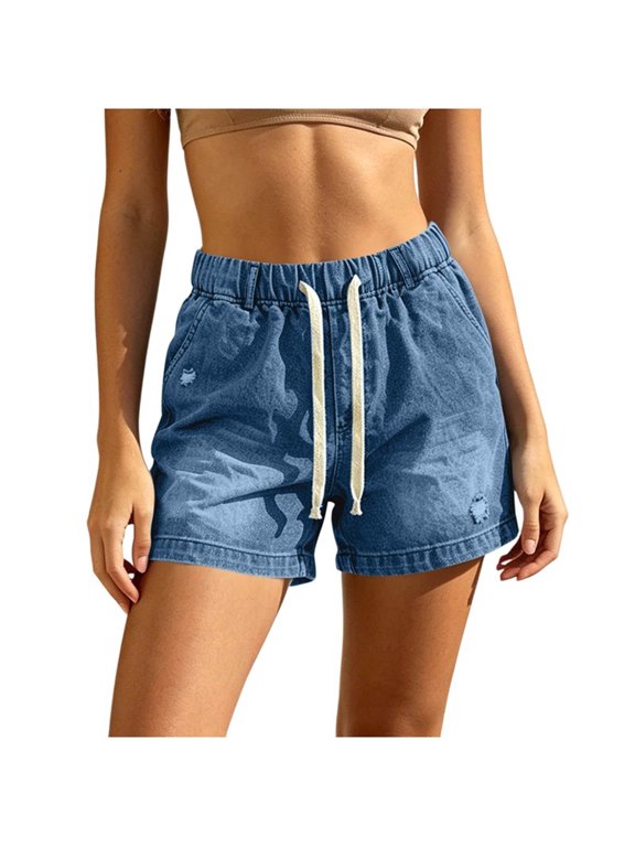 Shorts for Women,Women's Elastic High Waisted Jean Shorts Summer Ripped Cut Off Denim Shorts Vintage Mid Thigh Short Jeans