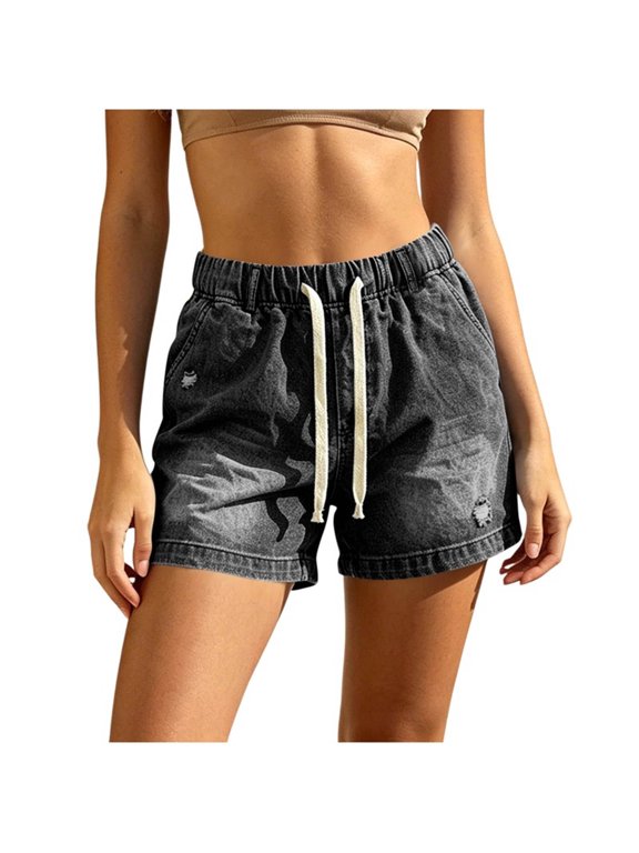 Shorts for Women,Women's Elastic High Waisted Jean Shorts Summer Ripped Cut Off Denim Shorts Vintage Mid Thigh Short Jeans