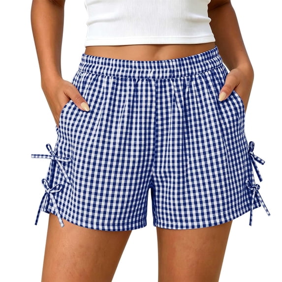 Shorts for Women,Women's Gingham Plaid Shorts Bow Tie Split Elastic Waist Y2k Wide Leg Shorts Summer Vacation Outfits Clothes