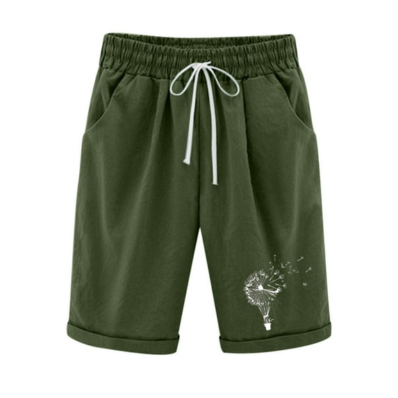Shorts for Women,Women's Knee-Length Bermuda Casual Shorts,Dandelion Printed Beach Summer Shorts with Elastic Waist Drawstring