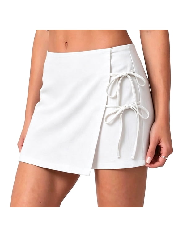 Shorts for Women,Women's Solid Color Shorts Wrap Front Linen Skirt Shorts Drawstring Knot Side Skort Shorts