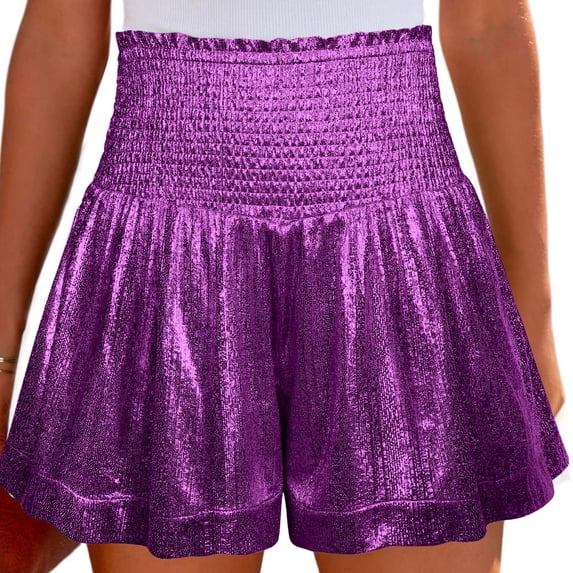 Shorts for Women's Shorts Elastic Waist Pleated Ruffle Beach Casual Flowy Comfort Fit Shorts for Women Purple S