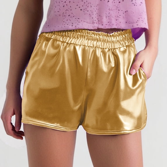Shorts for Women's Shorts Shiny Metallic Elastic-Waist Dancewear for Women Flared Party Bottoms Ideal for and Nightlife Gold S