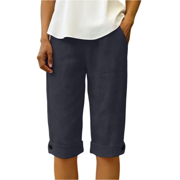 Shorts for Womens Summer Casual Elastic Waist Drawstring Shorts with Pockets Knee Length Bermuda Shorts Rolled Hem Button Beach Pants