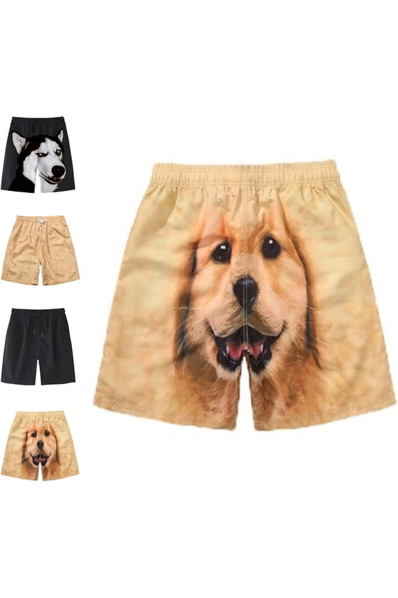 Shorts with Dog Face on Butt, Graphic Dog Boxer Shorts, Dogs Beach Boxer Shorts, Soft Loose Fit, Unisex, Yellow, XL