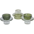 thumbnail image 1 of WHW 3 Piece Shorty Convertible Green and Clear Lacquered Glass Ribbed Tealight or Taper Candle Holders, 1 of 6