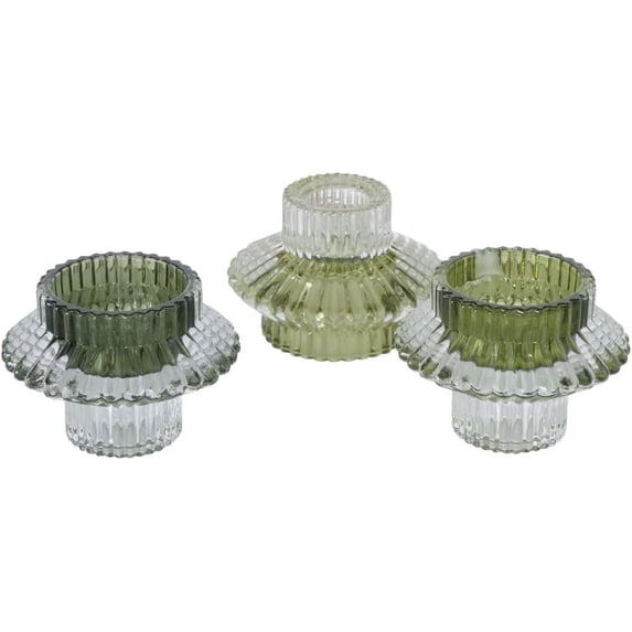 WHW 3 Piece Shorty Convertible Green and Clear Lacquered Glass Ribbed Tealight or Taper Candle Holders