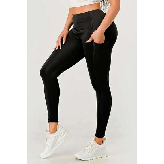 Shosho Womens High Waist Tummy Control Yoga Leggings With Side Rib Panels & Pockets Black Small