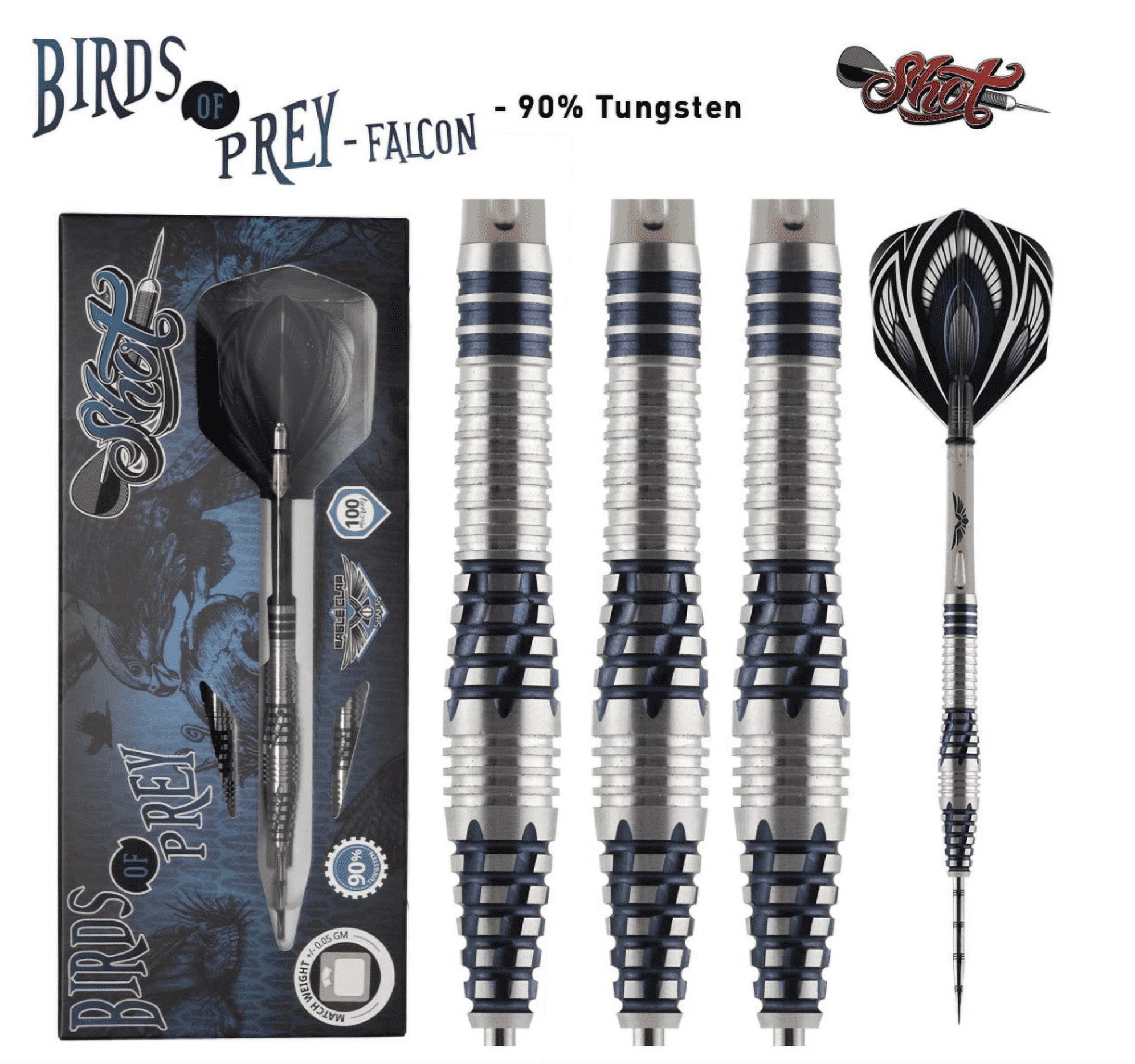 Shot Birds of Prey Falcon Steel Tip Dart Set-90% Tungsten Barrels-25gm