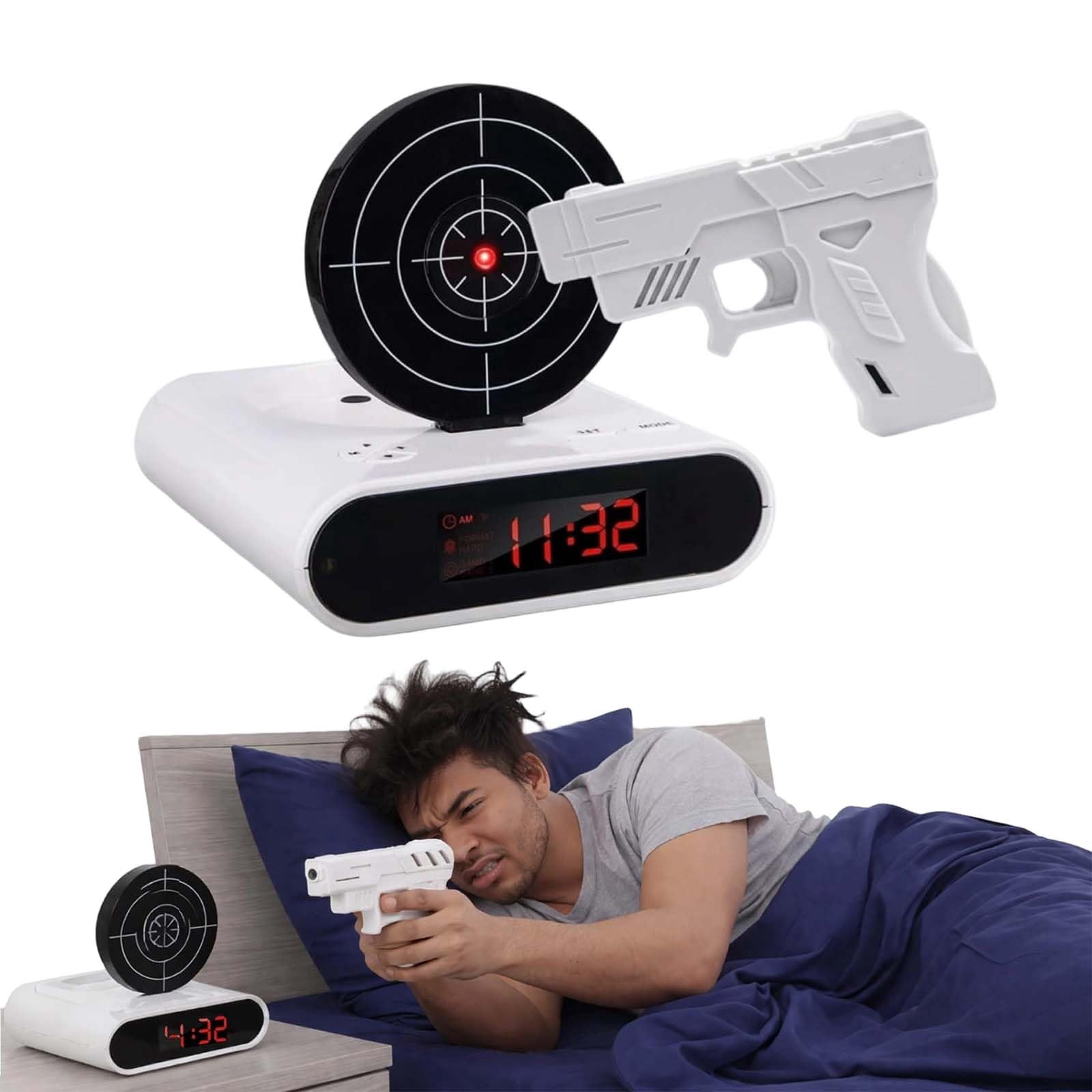 Shot Clock Alarm Interactive Gun Target Alarm Clock with LED Display and Custom Ringtones Fun Digital Clock for Adults Bedroom or Desk