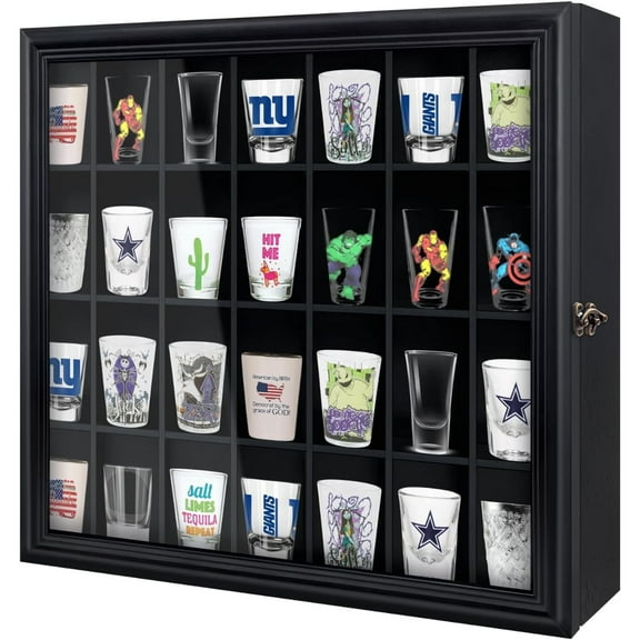 Shot Glass Display Cabinet Solid Wood - Large Display Case for Collectibles | Man Cave Accessories | UV Protection Acrylic Door | Wall Mounted Black Shadow Box | 28 Divided Slots (18 x 16 Black)