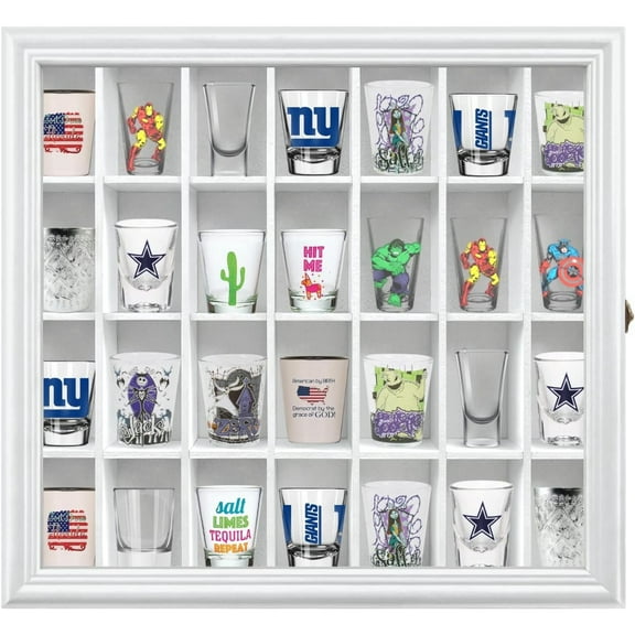 Shot Glass Display Cabinet Solid Wood - Large Display Case for Collectibles | Man Cave Accessories | UV Protection Acrylic Door | Wall Mounted Black Shadow Box | 28 Divided Slots | 18" x 16"