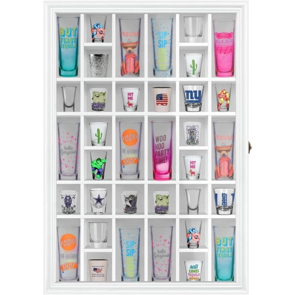 Shot Glass Display Cabinet Solid Wood - Large Display Case for Collectibles | Man Cave Accessories | UV Protection Acrylic Door | Wall Mounted Black Shadow Box | 36 Divided Slots (26 x 18 White)