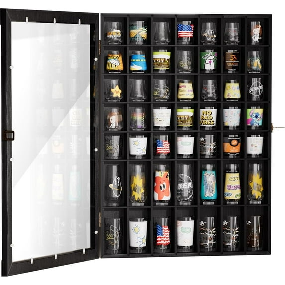 Shot Glass Display Case Large Wood Cabinet Rack Holder with Acrylic Door 49 Slots Lockable Glass Display Holder Wall Mounted Storage Shadow Box for Room Decor (Black, 1 Pcs)