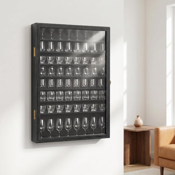 Shot Glass Display Case Wall Mounted 72 Slots Glass Display Holder Black Storage Shadow Box with Acrylic Lockable Door and Removeable Shlves for Room Decor, 26.85"x17.5" x 3.35"