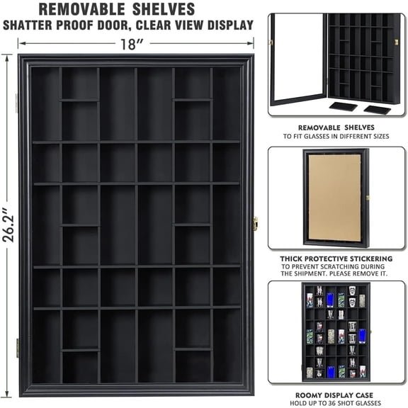 Shot Glass Display Case Wooden Cabinet Rack Holder Wall Mounted Black Shadow Box Lockable with UV Protection Acrylic Glass Door Shot Glass Collection Display with Removable Shelves, 18"x26", 36 Slots