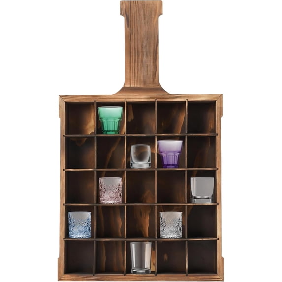 Shot Glass Display Case Wooden Wall Mounted Shot Glass Holder Creative Bottle Shaped Shot Glass Storage 25 Compartments Shot Glass Organizer for Home Bar