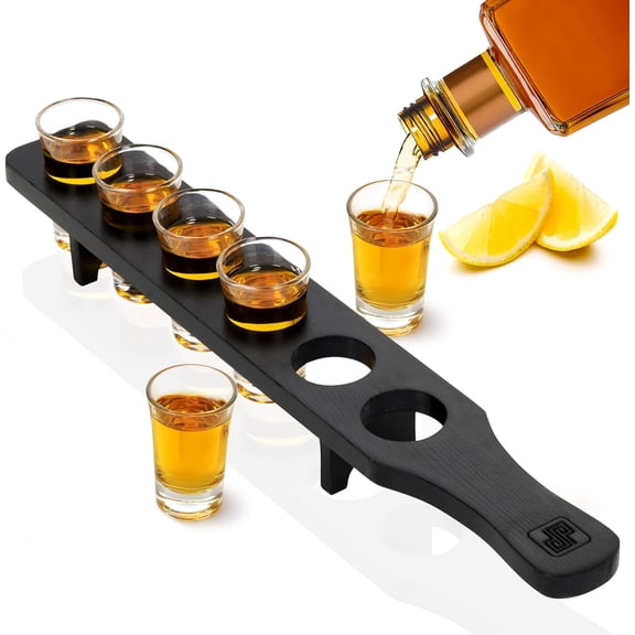 Shot Glass Holder Tray Bulk Set - Real Pine Wood Shot Board & 6 Pc Shot Glasses Set for Serving Drinks - Rustic Decor - Tequila Glasses with Wooden Tray for Restaurant, Bar, Party