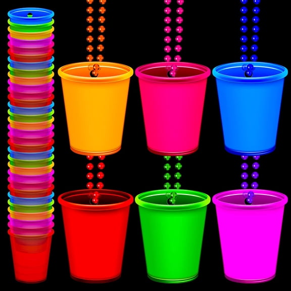 Shot Glass Necklace Glow in The Dark Shot Necklace Neon Party Decorations Plastic Light Up Shot Glasses on Beaded Assorted Shot Necklace Cups for Bachelorette Birthday Party, 6 Colors (48 Pcs)