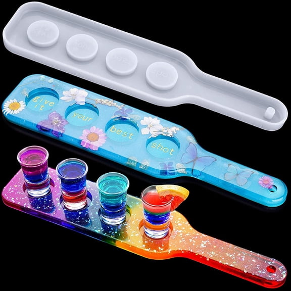 Shot Glass Serving Tray DIY Epoxy Resin Art Silicone Casting Mold, 4 Holes Board Beer Flight Paddle Holder Wine Whiskey Tasting Sampler Hanger Agate Home Decor Gift Crafts Party Clubs UV Plaster