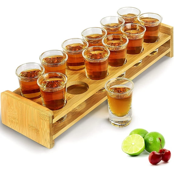 Shot Glasses Set 12pcs 30ml/1oz Shot Glass Tray Holder Organizer Straight Thick Base Clear Whiskey Tequila Glass Cups for Liqueurs Party Club Home Bar Drinking (Set of 12)