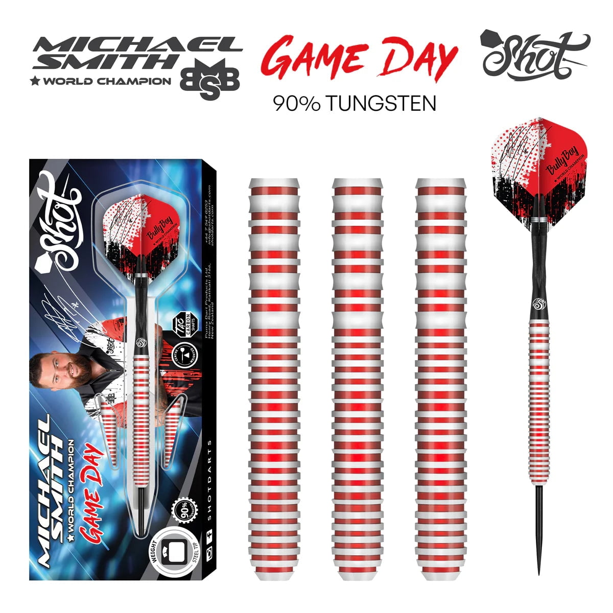 Shot Michael Smith Game Day Steel Tip Dart Set-90% Tungsten Barrels-24gm