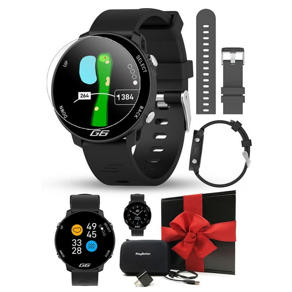 Shot Scope G6 Golf GPS Watch Gift Box Bundle with Extra Carbon Gray Straps, PlayBetter HD Screen Protectors, Wall Adapter & Hard Case