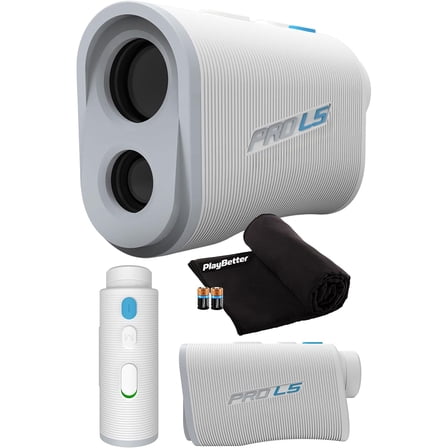 Shot Scope PRO L5 (White) Golf Laser Rangefinder Bundle with PlayBetter Microfiber Towel & Extra CR2 Battery