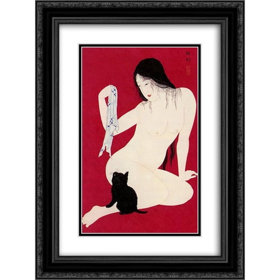 Shotei Takahashi 2x Matted 18x24 Black Ornate Framed Art Print 'Woman and Kitten'