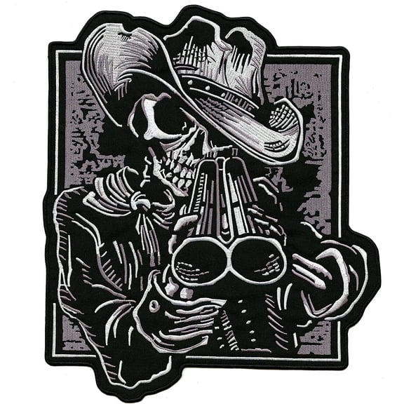 Shotgun Skeleton Patch 12.5" | Double Barrel Realistic Embroidered Skull Biker Cowboy | Iron On, Large - by Nixon Thread Co.