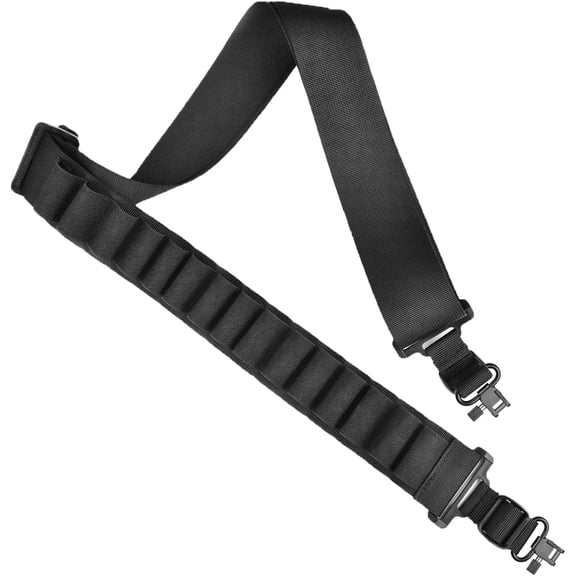 Shotgun Sling with Shell Holder, Gun Sling Holds15 Shells for 12 Gauge, Adjustable Two Point Sling with Sling Swivels for Outdoors