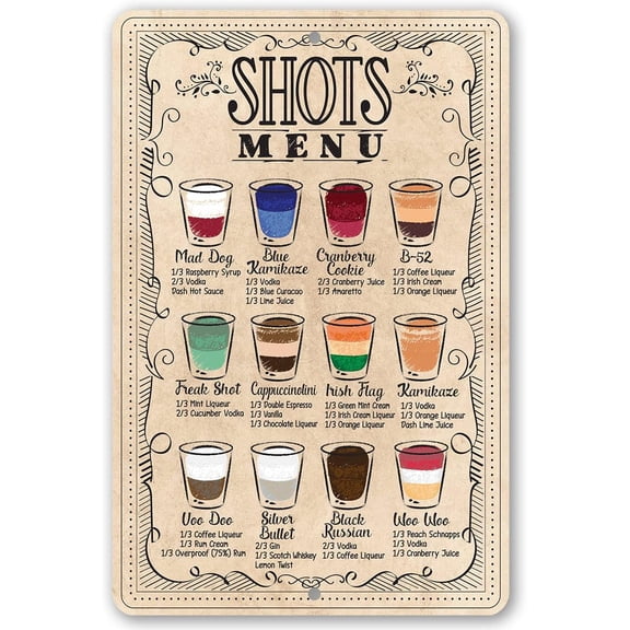 Shots Menu - Classic Pub Decor and Man Cave Stuff, Home Bar and Restaurant Alcohol Sign, Shot Menu Art Print, Classic Bartender Housewarming Gifts, 8x12 Indoor or Outdoor Durable Vintage Metal Sign