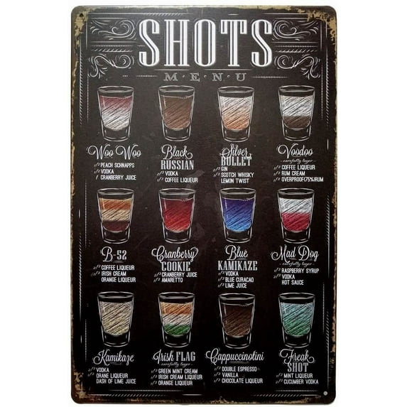 Shots Menu Retro Vintage Bar Metal Tin Sign Poster Ptyle Wall Art Pub Bar Decor 5.9X11.8 inch