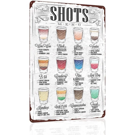 Shots Menu Retro Vintage Beer Recipes Metal Tin Sign Poster Wall Art Pub Bar Decor 12 X 8