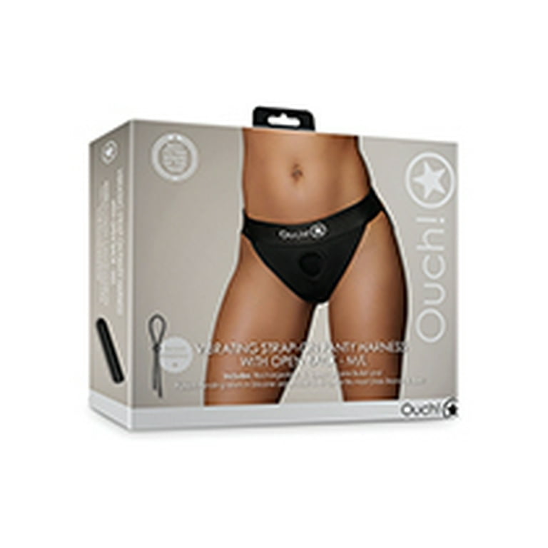 Shots Ouch Vibrating Strap On Panty Harness w/Open Back - Black M/L 