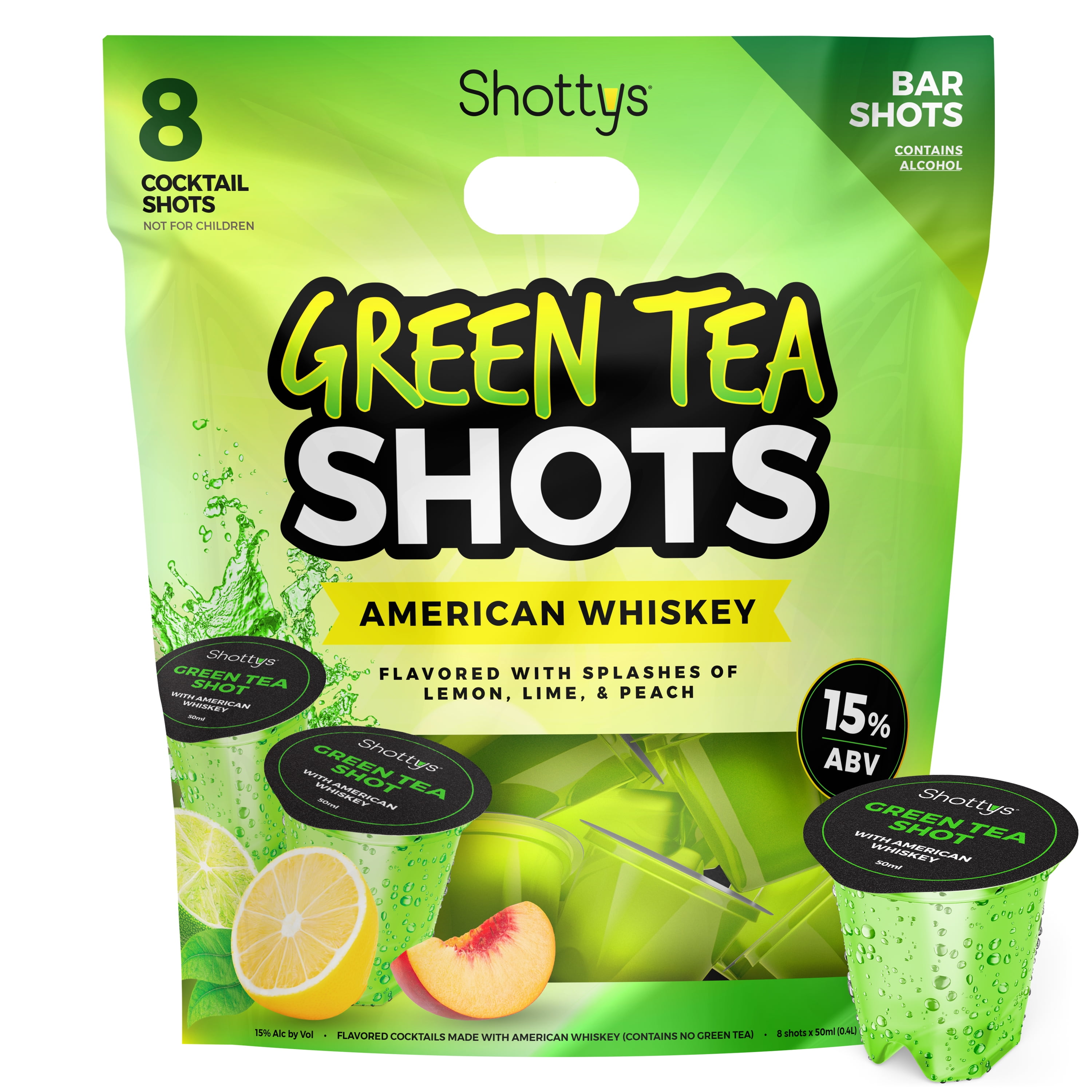 Shottys Green Tea Shots American Whiskey, 8 Pack, 50ml Shots, 15% ABV
