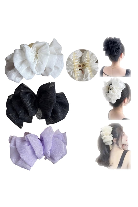 Bow Bubble Clips - Chiffon Silk Hair Clips Double-sided Large Mesh Bubble Bow Hair Jaw Clip Fluffy Hair Clips For Long Thick Hair Elegant Temperament Hair Clip Headwear