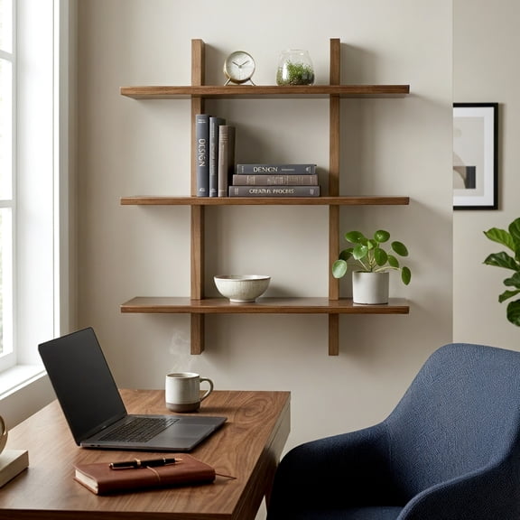 Shouji Modular Floating Wall Shelf, Premium Solid Wood, Reversible Shelves, Hidden Mounting Template, 32"L x 28"W x 8.5"D, Single Pack, Walnut Finish
