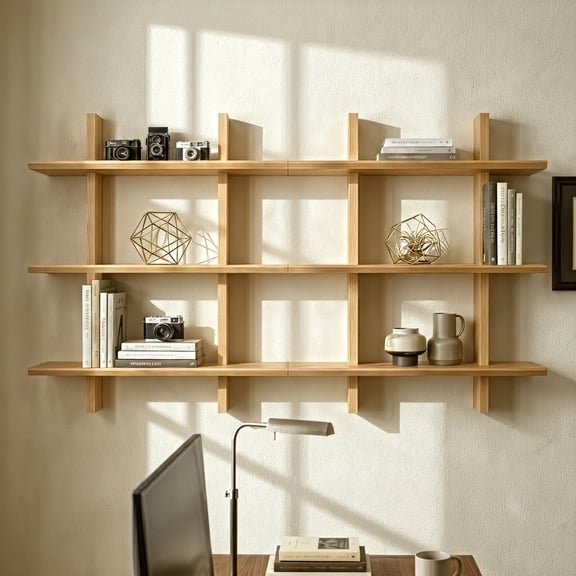 Shouji Set of 2 Modular Floating Wall Shelf, Premium Solid Wood, Reversible Shelves, Hidden Mounting Template, Light Oak Finish