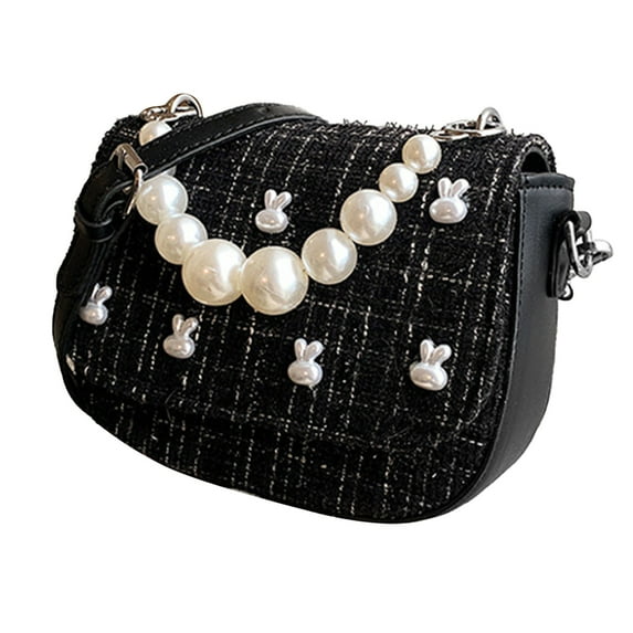 Shoulder Bag Fake Pearl Handle PU Leather Bunny Shape Decoration Messenger Bag for Women Lady Black Free Size