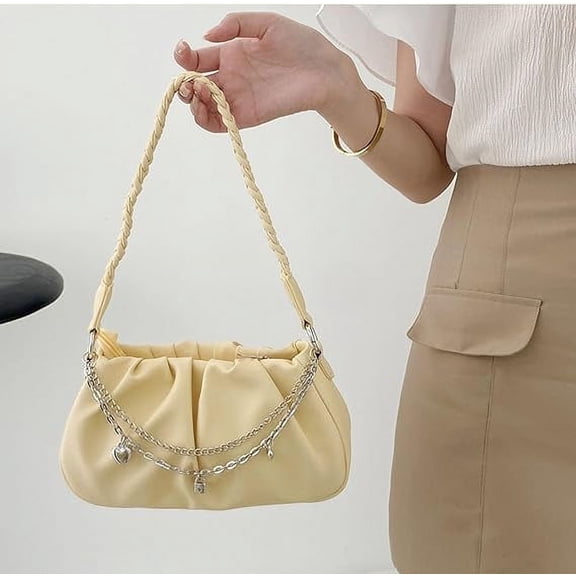 Shoulder Bag, Satchel Purses for Women, Pu Leather Small Cloud Shoulder Hobo Bag with A Sense of Design, Soft Appropriate Capacity Underarm Handbag with Chain Decor for Daily Work, Yellow