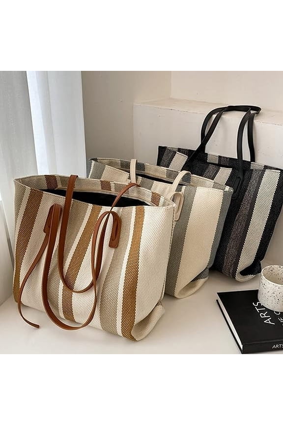 Shoulder Bag for Women, Canvas Tote Bags, Casual Large Capacity Handbag with Leather Strap and Zipper, Simple Vertical Stripe Style Durable Handbag for Dating, Working and Shopping, White