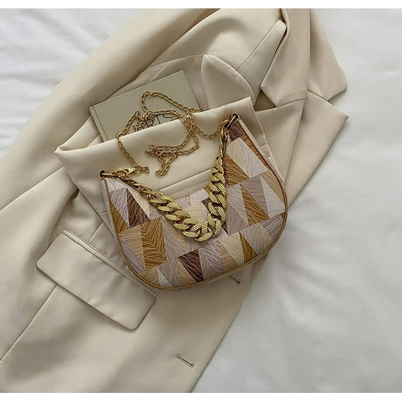 Shoulder Bag for Women, Small Bags, Leather Handbags with Thick Chain and 2 Shoulder Straps, Soft Stylish Underarm Bag for Commute Daily, Khaki