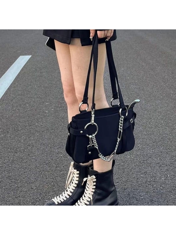 Shoulder Bag for Women, Tote Bag for Women, Women Gothic Shoulder Bag, O-Ring Silver Chain Handbag Crossbody Gothic Punk Motorcycle Purse, Black