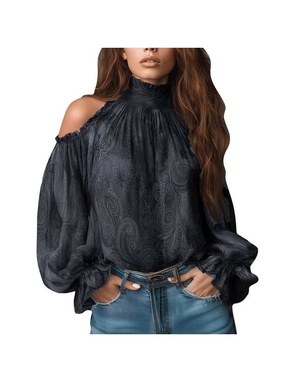 Off Shoulder Boho Tops for Women Vintage Paisley Print High Mock Neck Ruffle Cold Shoulder Blouse Bishop Long Sleeve Sheer Loose Fit Top Breathable Boho Vacation Office Layering Shirt Black L