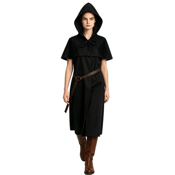 Shoulder Capelet Surcoat, Hooded Medieval Ranger Robe Tunic With Shoulder Capelet, Belted Long Wizard Surcoat for Halloween Renaissance Larp Cosplay,Soft Woven Fantasy Costume Robe, Black XXL