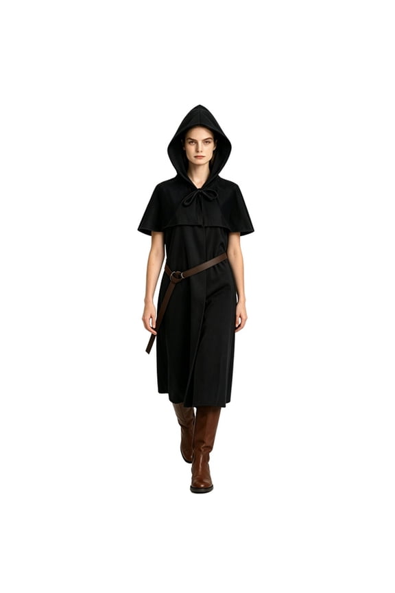Shoulder Capelet Surcoat, Hooded Medieval Ranger Robe Tunic With Shoulder Capelet, Belted Long Wizard Surcoat for Halloween Renaissance Larp Cosplay,Soft Woven Fantasy Costume Robe, Black XXL