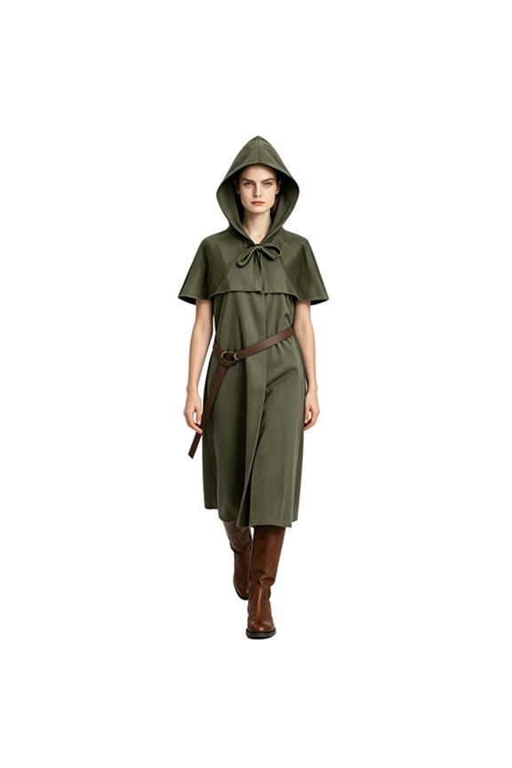 Shoulder Capelet Surcoat, Hooded Medieval Ranger Robe Tunic With Shoulder Capelet, Belted Long Wizard Surcoat for Halloween Renaissance Larp Cosplay,Soft Woven Fantasy Costume Robe, Army Green XXL