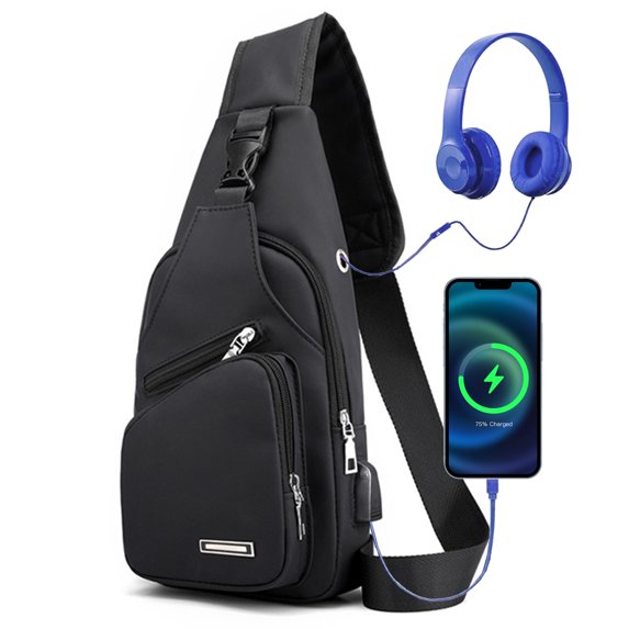 PouchPort Sling Bag for Men, Waterproof Nylon Crossbody Backpack with USB Port, Anti Theft, Black